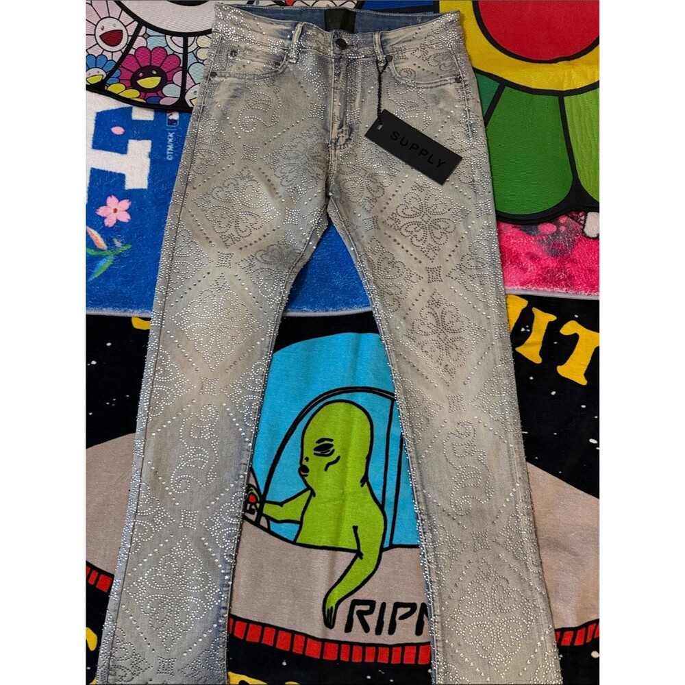 Supply All-Over Rhinestone Stacked Flare Jeans